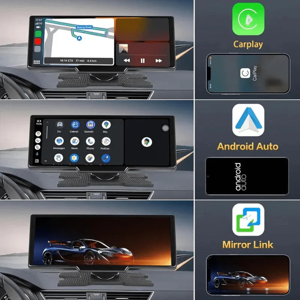 10.26-Inch Touchscreen CarPlay Display with Built-In Dash Cam for iPhone & Android | Wireless Bluetooth GPS Navigation Screen | HD Front