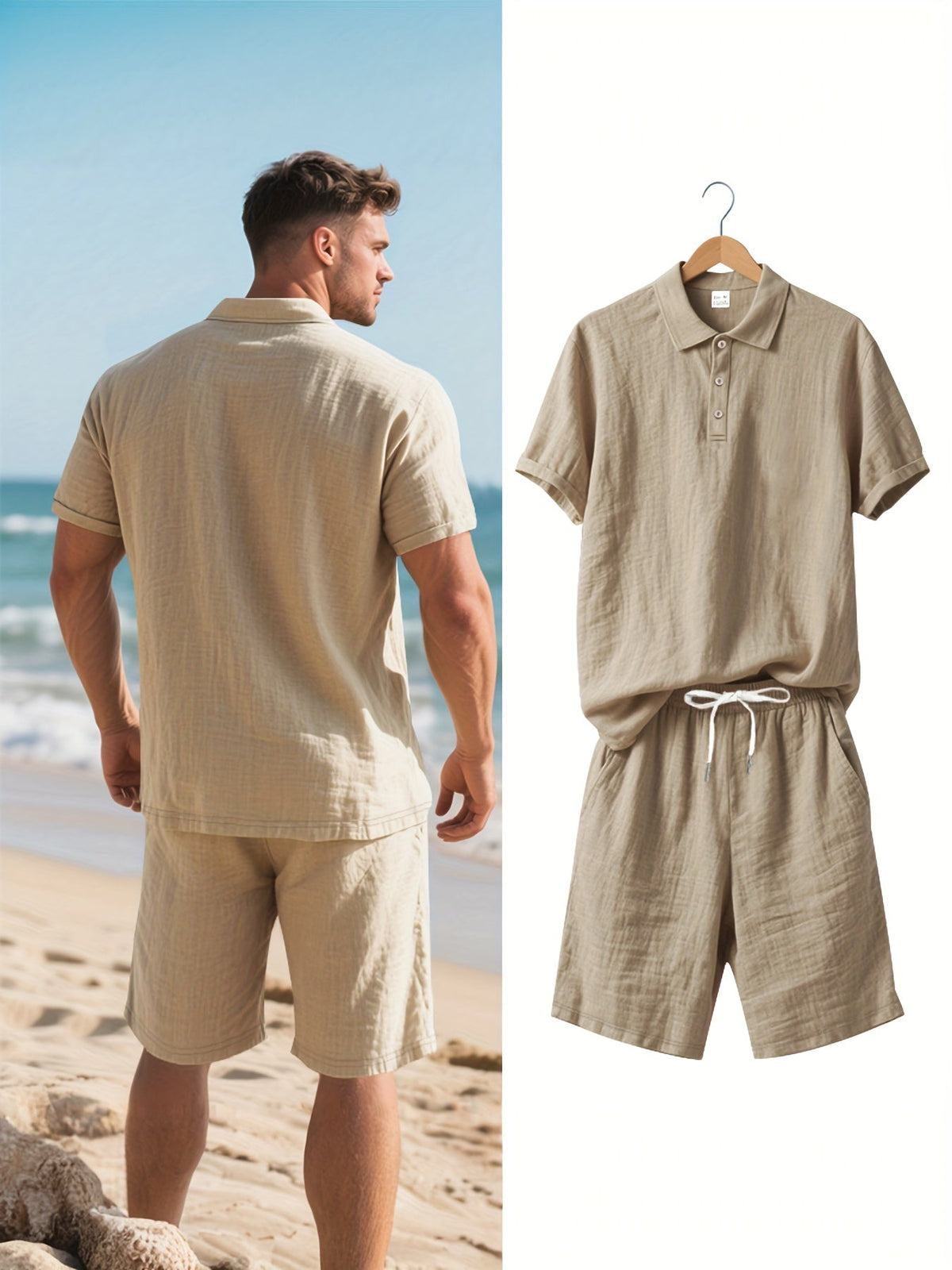 Men's Short-Sleeve Polo & Shorts Linen Set Summer Two-Piece Outfit Lightweight Breathable Casual Wear for Warm Weather