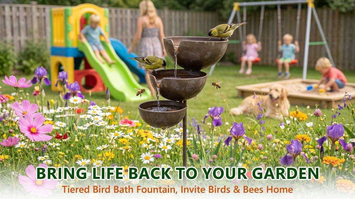 Tiered Metal Rain-Fed Bird Bath for Garden – Self-Filling Water Feature with Cascading Bowls