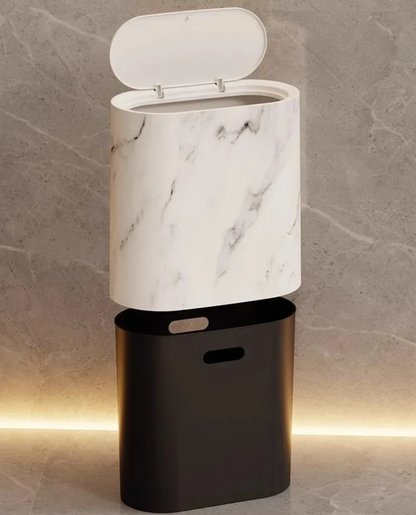 Push-Top Waste Basket with Marble-Look Finish – Slim Oval Design for Small Bathrooms, Bedrooms & Home Offices