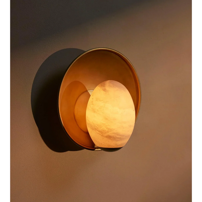 Natural Stone Sconce with Brass Reflector Plate – 14.6 Inch Round Alabaster Fixture for Bedroom, Entryway, Bathroom & Hallway Ambient Lighti