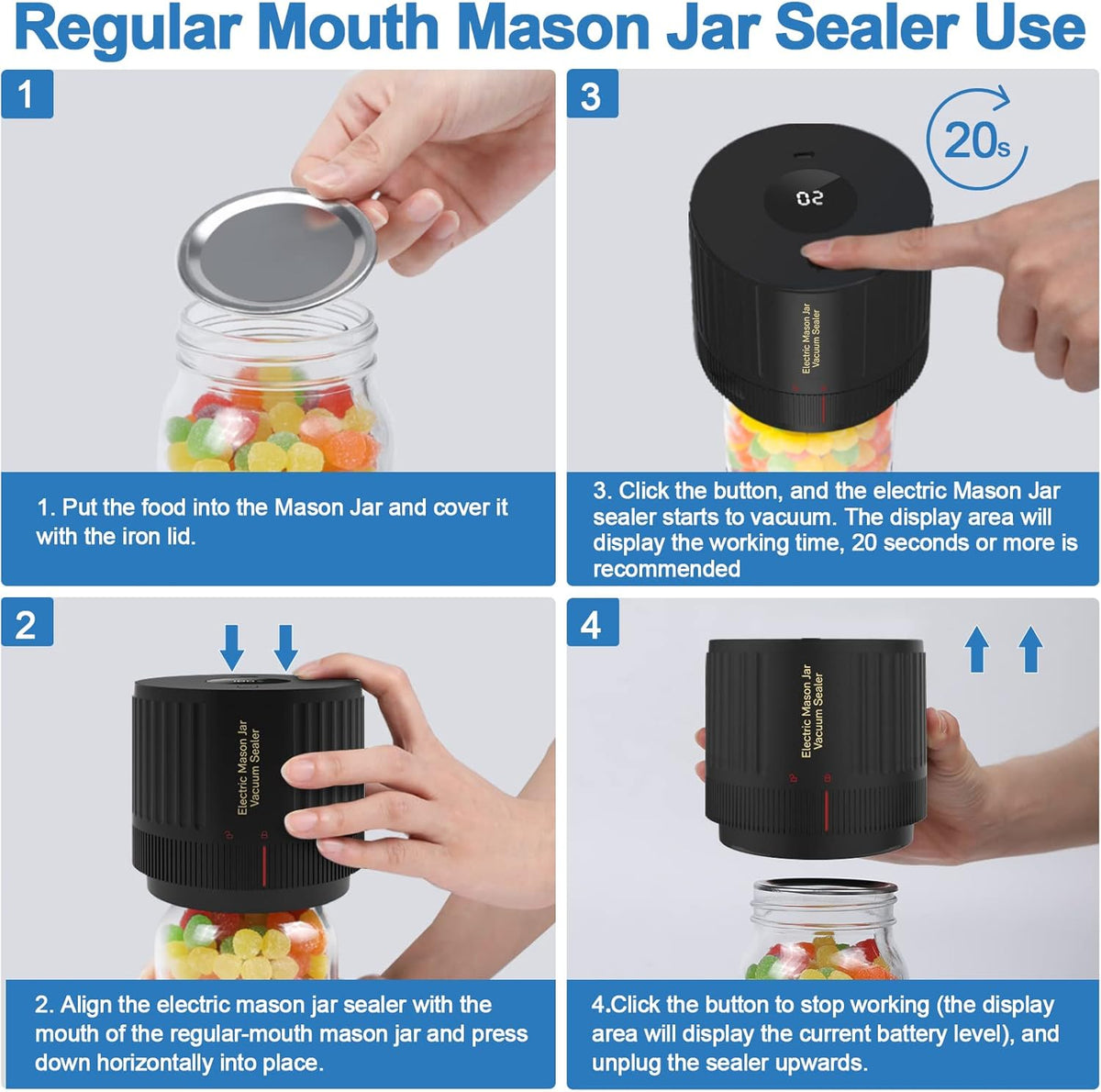 Handheld Vacuum Sealer for Mason Jars – Wide & Regular Mouth Jar Sealer for Dry Goods, Herbs & Pantry Organization – One-Touch Food Storage