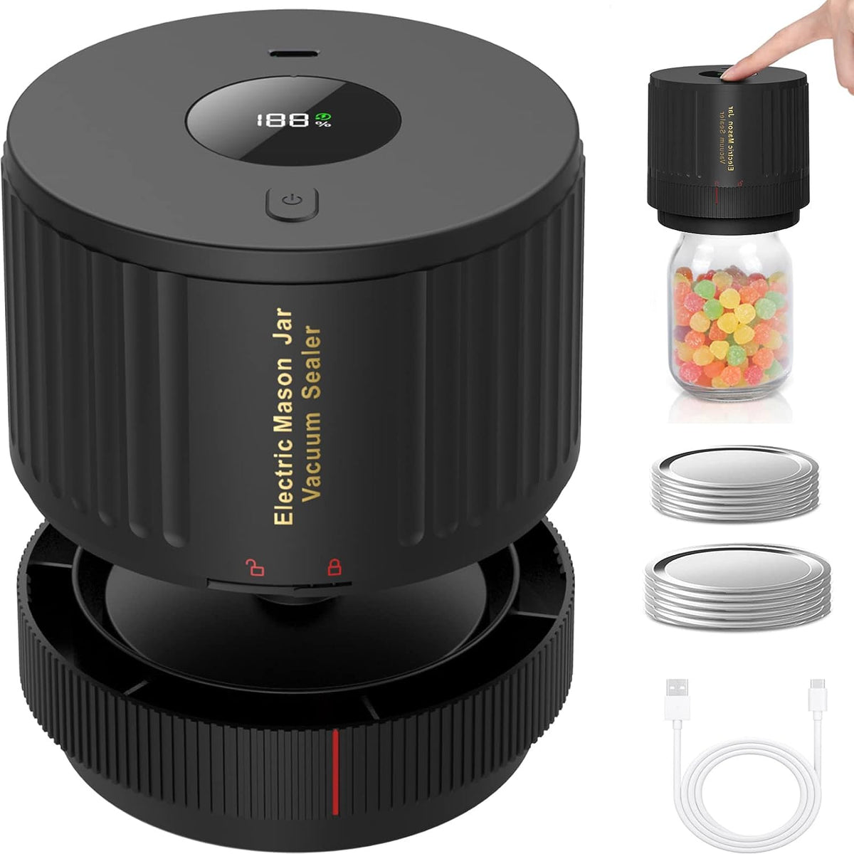 Handheld Vacuum Sealer for Mason Jars – Wide & Regular Mouth Jar Sealer for Dry Goods, Herbs & Pantry Organization – One-Touch Food Storage
