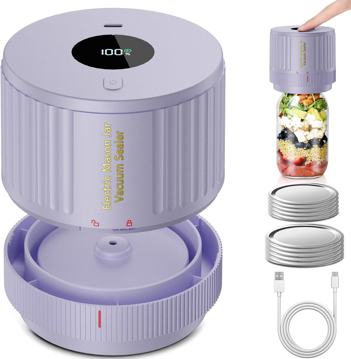 Handheld Vacuum Sealer for Mason Jars – Wide & Regular Mouth Jar Sealer for Dry Goods, Herbs & Pantry Organization – One-Touch Food Storage