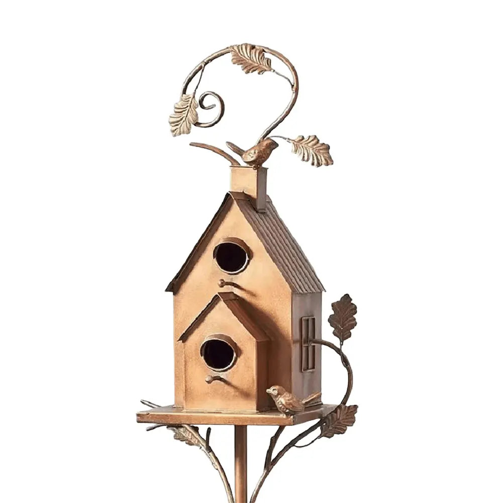 Metal Post-Mounted Bird Nesting House for Backyard Wildlife Habitat | Decorative Freestanding Garden Stake Feeder Station for Songbirds