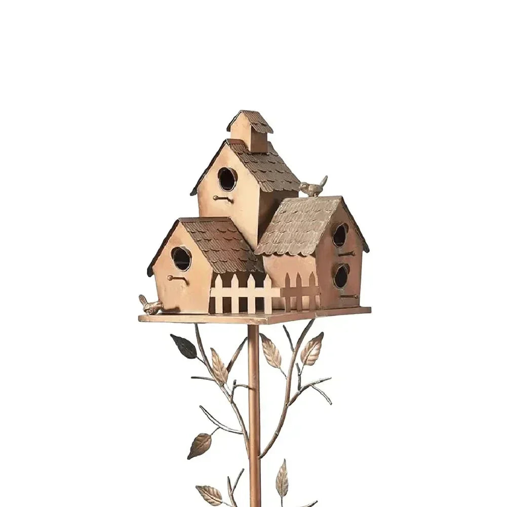 Metal Post-Mounted Bird Nesting House for Backyard Wildlife Habitat | Decorative Freestanding Garden Stake Feeder Station for Songbirds