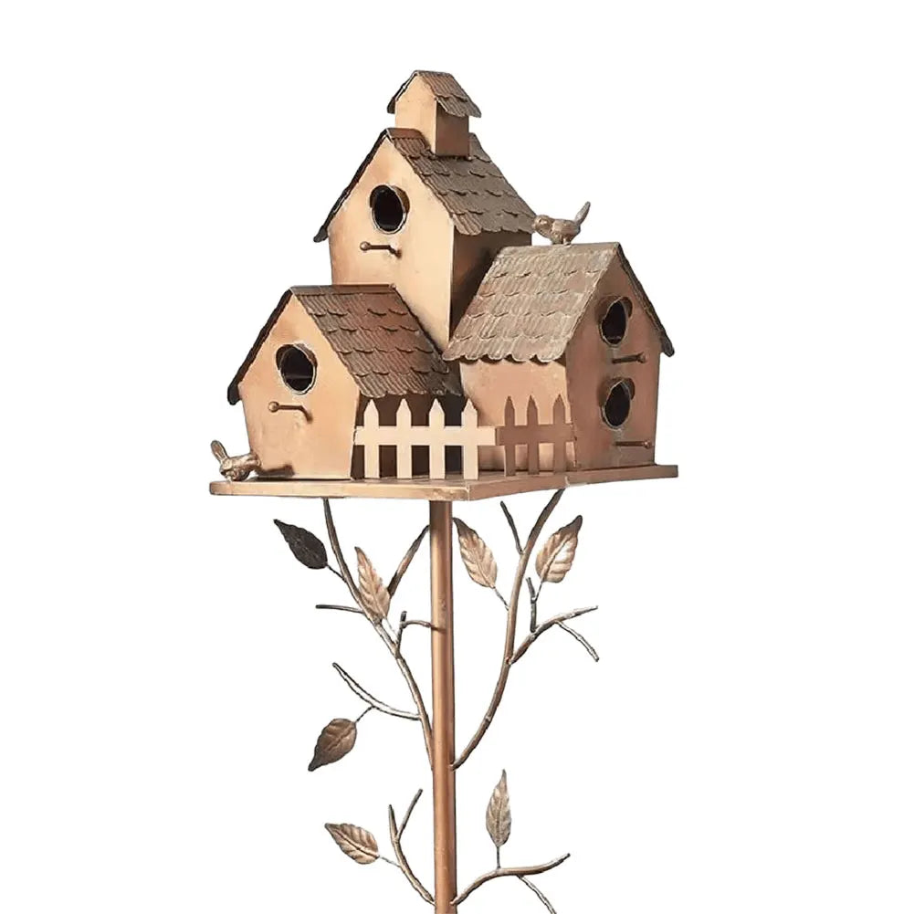 Metal Post-Mounted Bird Nesting House for Backyard Wildlife Habitat | Decorative Freestanding Garden Stake Feeder Station for Songbirds