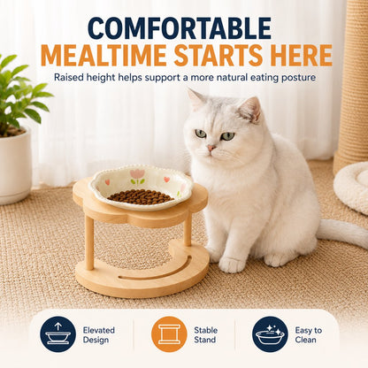 Ortekor Elevated Ceramic Pet Bowl with Wooden Stand for Cats & Small Dogs