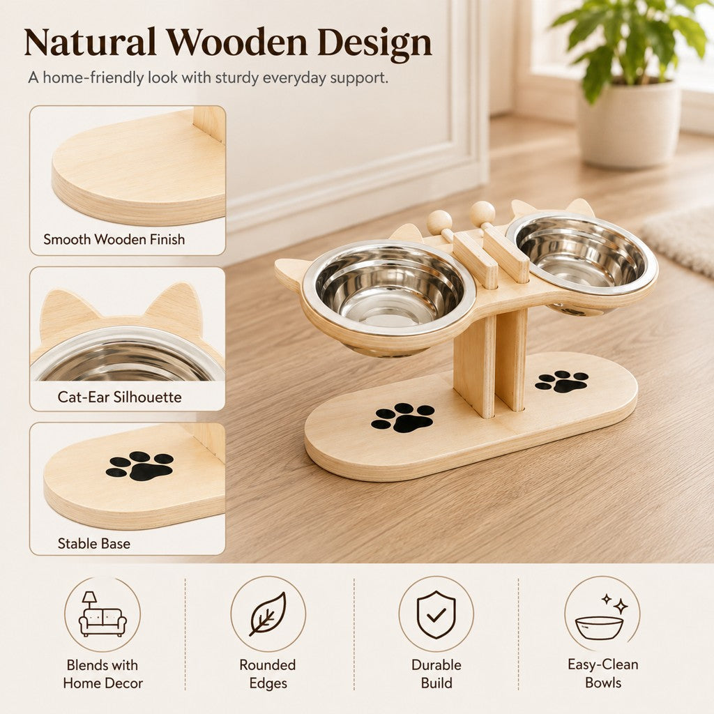 Ortekor Modern Elevated Cat Feeder with Stainless Steel Bowls - Wooden Raised Feeding Station for Cats, Food & Water Bowl Stand for Cleaner Mealtimes