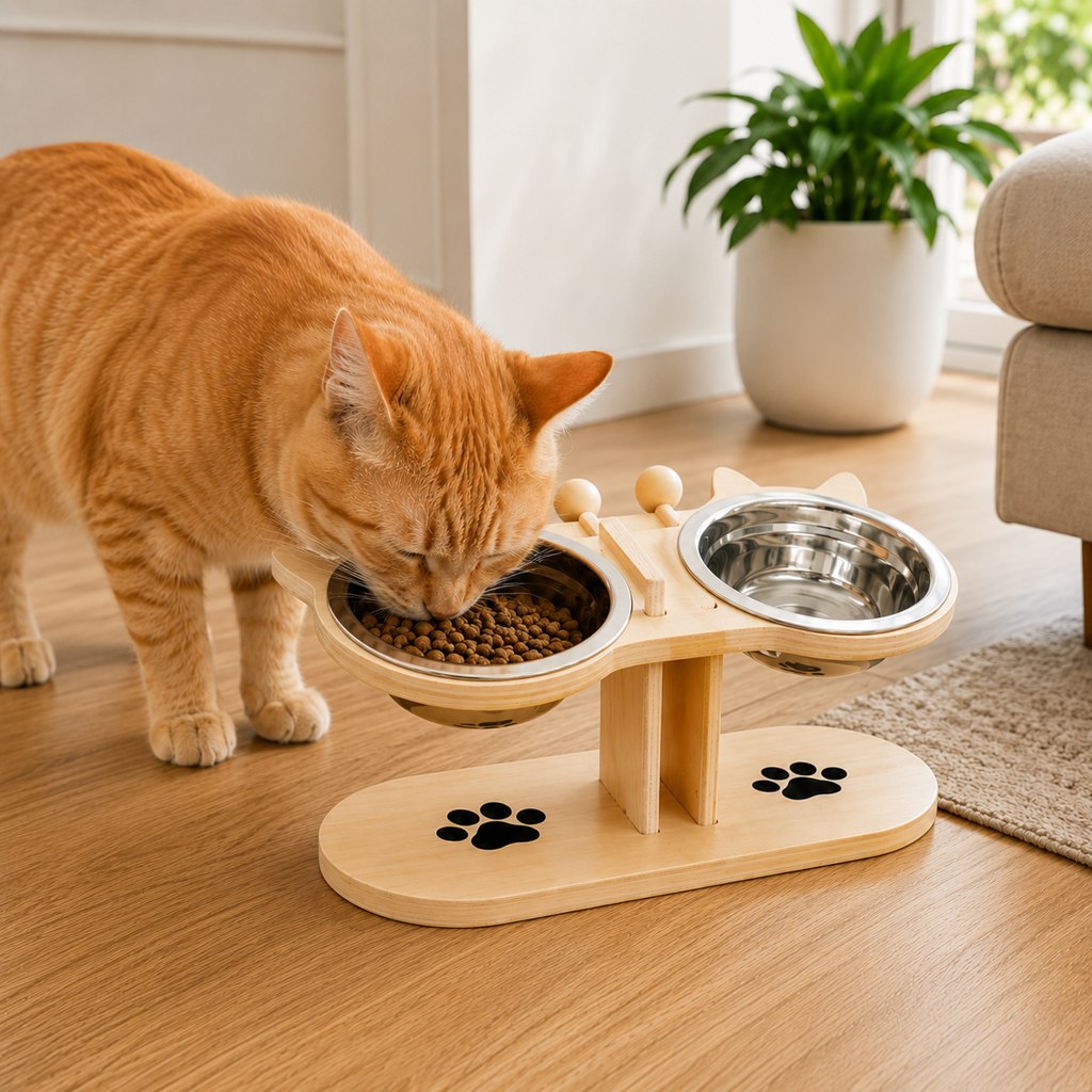 Ortekor Modern Elevated Cat Feeder with Stainless Steel Bowls - Wooden Raised Feeding Station for Cats, Food & Water Bowl Stand for Cleaner Mealtimes