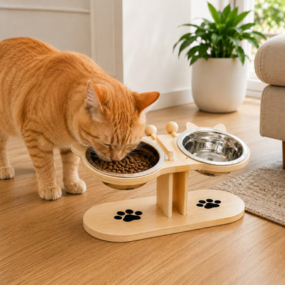 Ortekor Modern Elevated Cat Feeder with Stainless Steel Bowls - Wooden Raised Feeding Station for Cats, Food & Water Bowl Stand for Cleaner Mealtimes