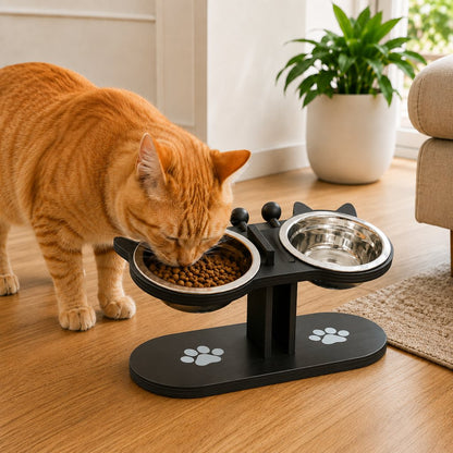 Ortekor Modern Elevated Cat Feeder with Stainless Steel Bowls - Wooden Raised Feeding Station for Cats, Food & Water Bowl Stand for Cleaner Mealtimes