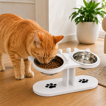 Ortekor Modern Elevated Cat Feeder with Stainless Steel Bowls - Wooden Raised Feeding Station for Cats, Food & Water Bowl Stand for Cleaner Mealtimes
