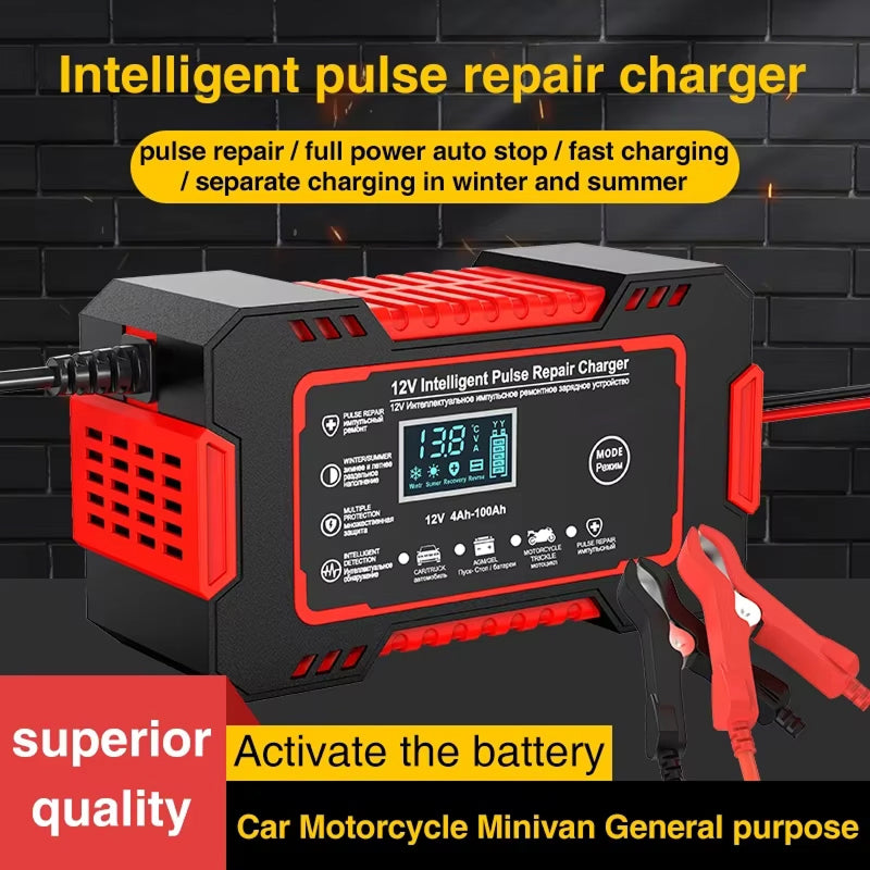 12V Smart Automatic Battery Charger with Pulse Repair & Winter Mode for Cars & Motorcycles