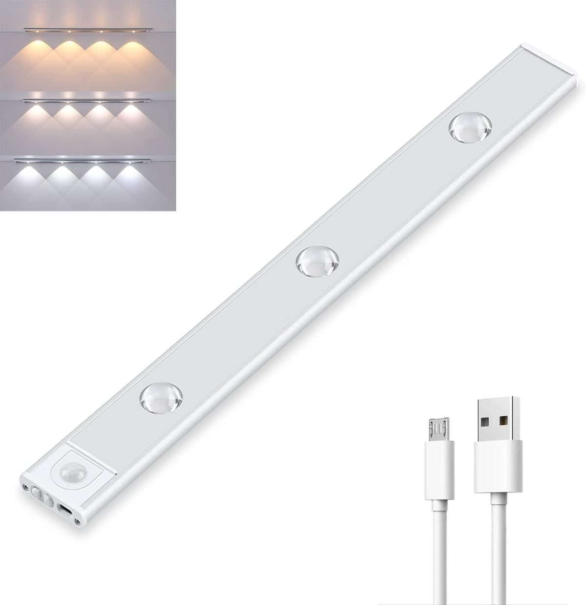 Rechargeable Motion Sensor Under Cabinet Light Bar USB Powered Closet Lighting Stick-On Wireless Stairway Night Light Dimmable Adjustable Co