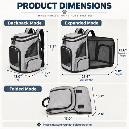 Ortekor Expandable Pet Carrier Backpack for Cats & Small Dogs - Breathable Mesh Travel Backpack with Extra Rest Space for Trips & Vet Visits