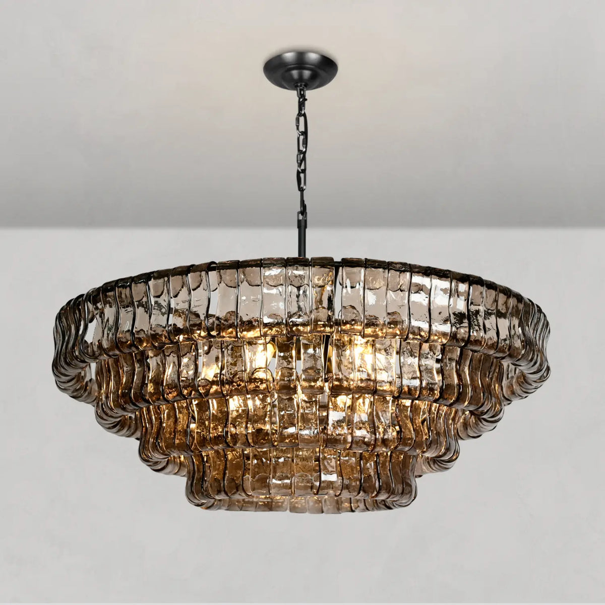 Textured Glass Round Chandelier with Curved Panels in Metallic Finish for Dining Room & Living Room | 24 to 60 Inch