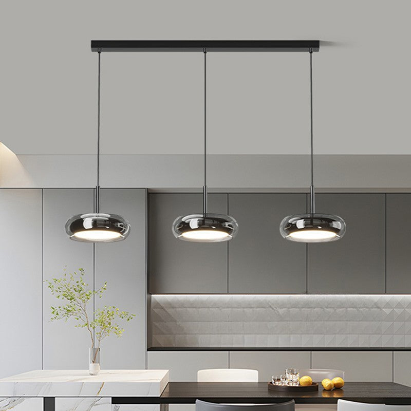 Three-Light Linear Hanging Lamp for Island & Dining Table Black Iron Glass Adjustable Cable 8 in Shade LED Fixture Modern Kitchen Ceiling Li