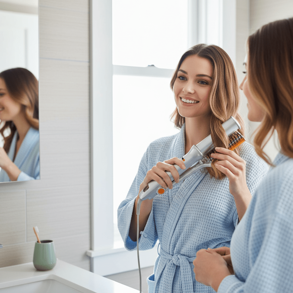 Heated Ceramic Barrel Hair Styler with Auto-Rotate Brush & 3 Temperature Settings for Volume and Curls