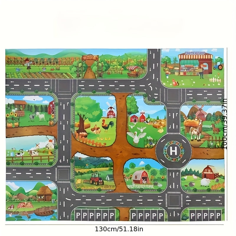 Kids Farm Road Play Rug 39 × 51 Inches Non-Slip Woven Floor Mat for Toddler Pretend Play Vehicle Track Nursery Decor