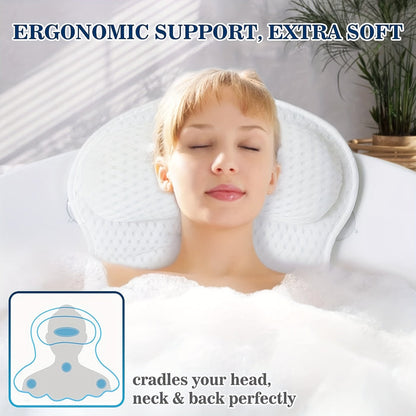 Spa Bath Pillow with Neck and Back Support – 4D Air Mesh Cushion with Suction Cups for Bathtub Relaxation