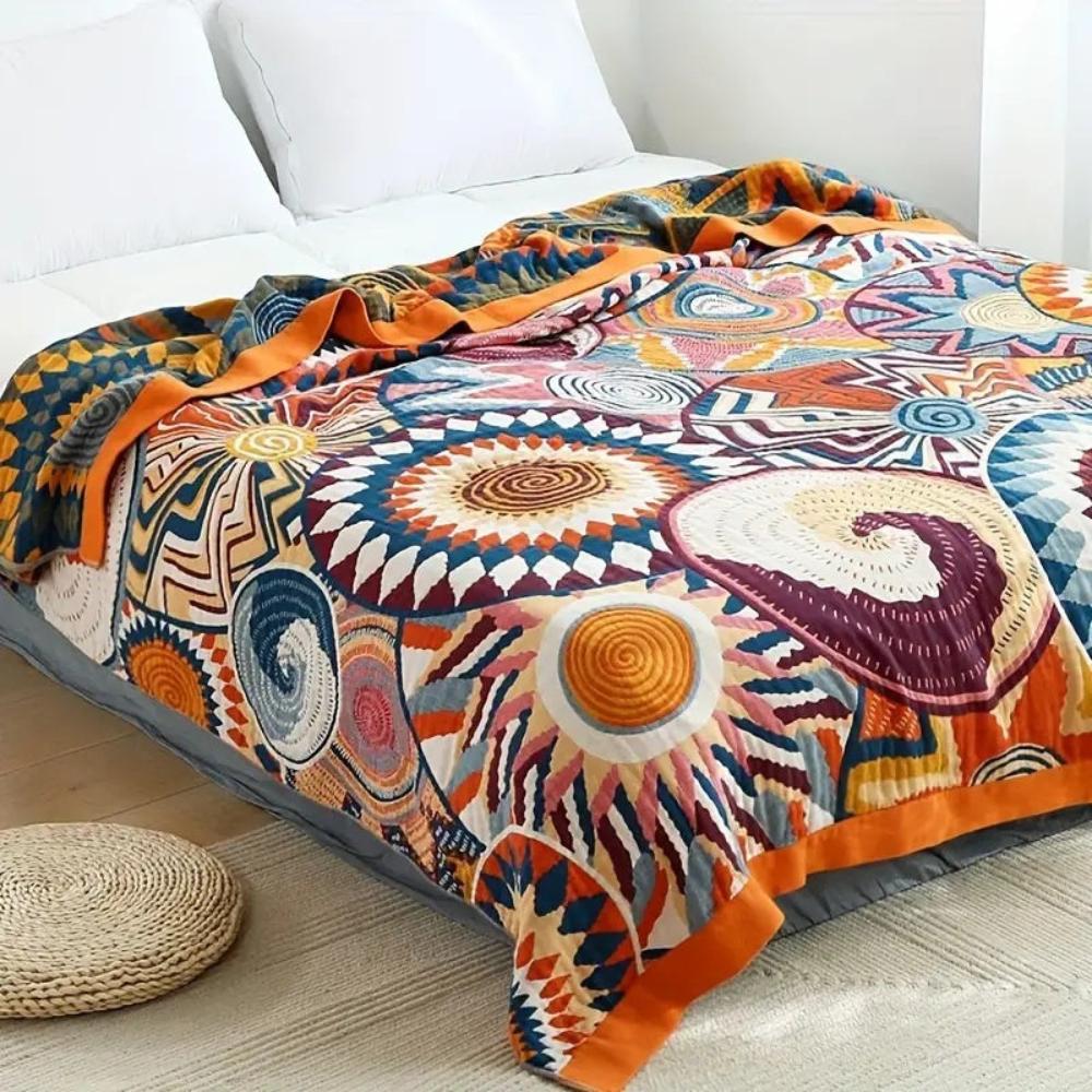 All-Season Cotton Throw Blanket with Woven Sunburst Design for Couch Bed Sofa Living Room Bedroom Travel Lightweight Breathable 59x79