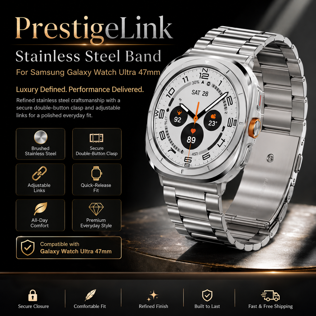 Stainless Steel Watch Strap for Samsung Galaxy Watch Ultra 47mm – Adjustable Metal Wristband for Ultra 2 (2026), Ultra (2025/2024)