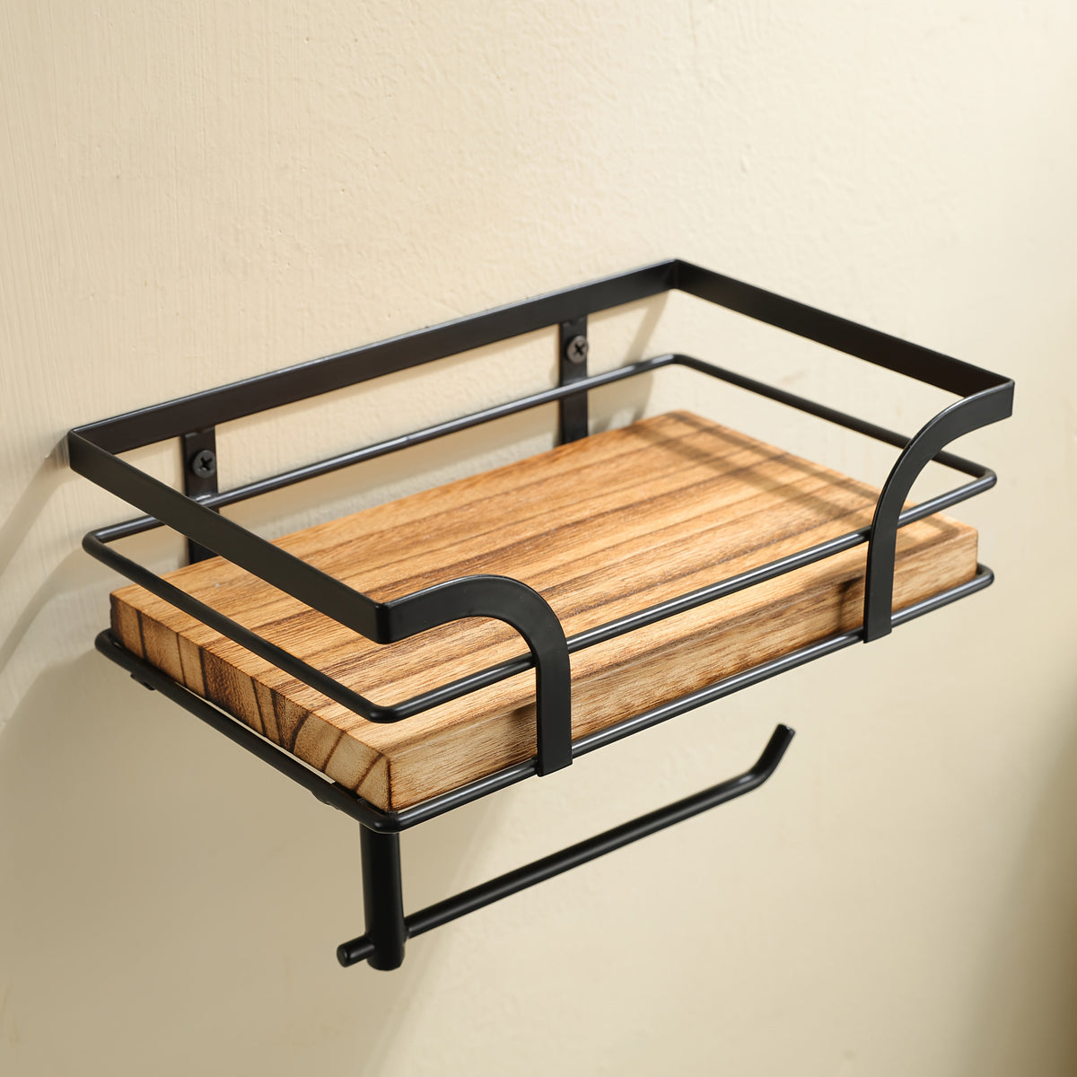 Metal & Wood Bathroom Tissue Dispenser Shelf 7.9 Inches Wall Mount Organizer Powder Room Storage Rack Home Essentials Holder for Small Space