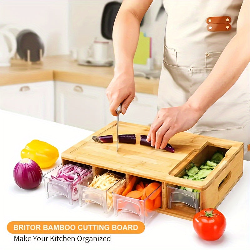 Bamboo Chopping Board with Slide-Out Prep Trays & 4-Piece Grater Set – All-in-One Food Prep Station for Home Kitchens