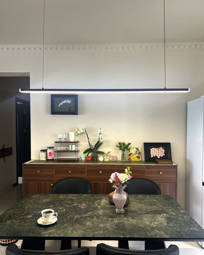 Suspended LED Strip Fixture for Countertop Islands – Dimmable Metal Bar Light with Remote in Matte or Gloss White – 39 to 102 in Adjustable