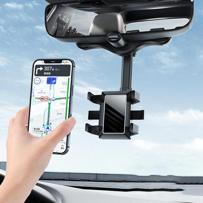 Adjustable Car Mirror Mount for Smartphones - Rotating Clip-On Device Cradle for GPS Navigation and Hands-Free Viewing While Driving