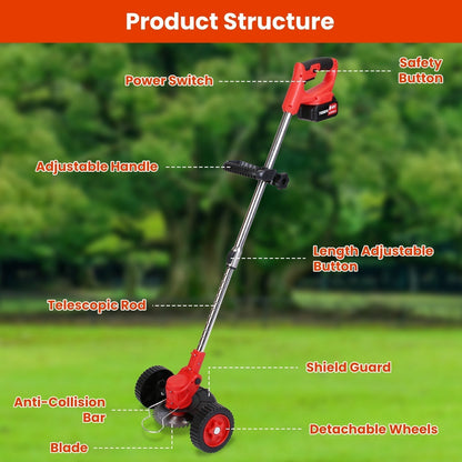 Electric Weed Eater, Electric Weed Wacker, Lawn Edger, Battery Powered Grass Cutter, Battery Weed Trimmer with Wheels