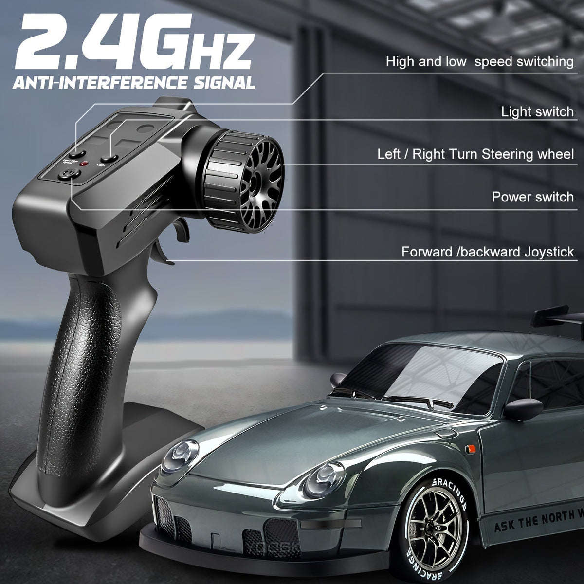 4WD Remote Control Racing Car with Light-Up Wheels – Gray 1:24 Scale Rechargeable Drift Vehicle for Kids & Hobbyists