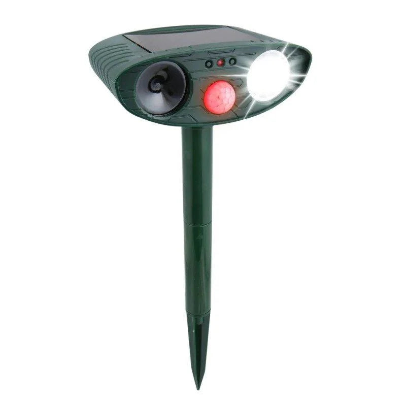 Solar Wildlife Deterrent Device Ultrasonic Outdoor Yard Defender 30 ft Range Motion-Activated Strobe Light Weatherproof for Gardens Lawns Fl