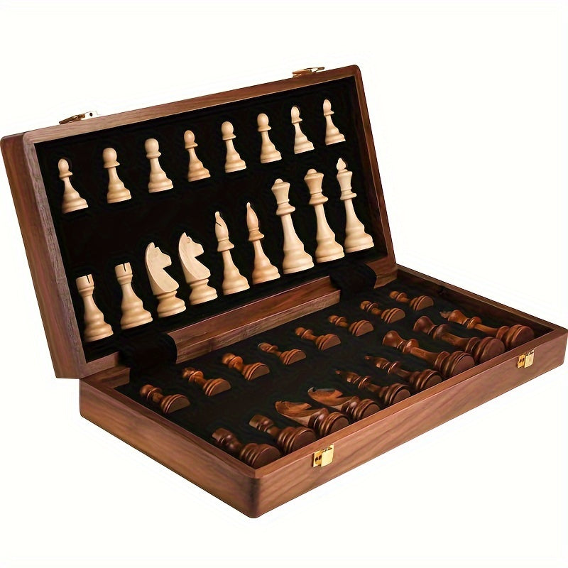Handcrafted Wooden Chess Set with Weighted Pieces & Folding Board | Storage Inside | Walnut & Maple Inlay Design | Adult & Kids Strategy