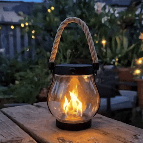 Flickering Flame Outdoor Lantern with Solar Panel 10 in Tall Glass LED Garden Light Waterproof Hanging Patio Decoration Dusk Sensor USB Back
