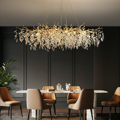 Crystal Branch Chandelier with LED Lights for Dining Room & Living Space | Modern Hanging Fixture | Adjustable Chain | Round or Rectangular
