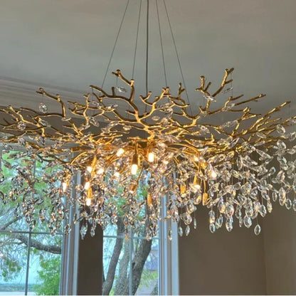Crystal Branch Chandelier with LED Lights for Dining Room & Living Space | Modern Hanging Fixture | Adjustable Chain | Round or Rectangular