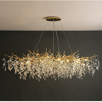 Crystal Branch Chandelier with LED Lights for Dining Room & Living Space | Modern Hanging Fixture | Adjustable Chain | Round or Rectangular