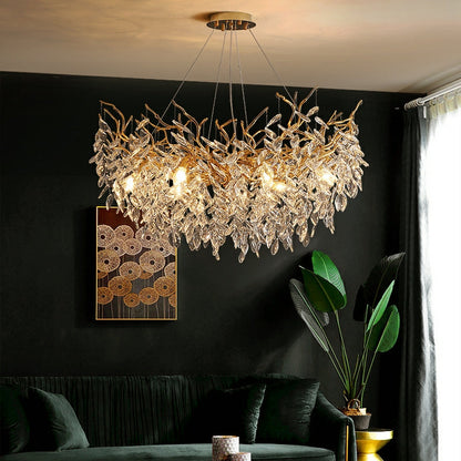 Crystal Branch Chandelier with LED Lights for Dining Room & Living Space | Modern Hanging Fixture | Adjustable Chain | Round or Rectangular