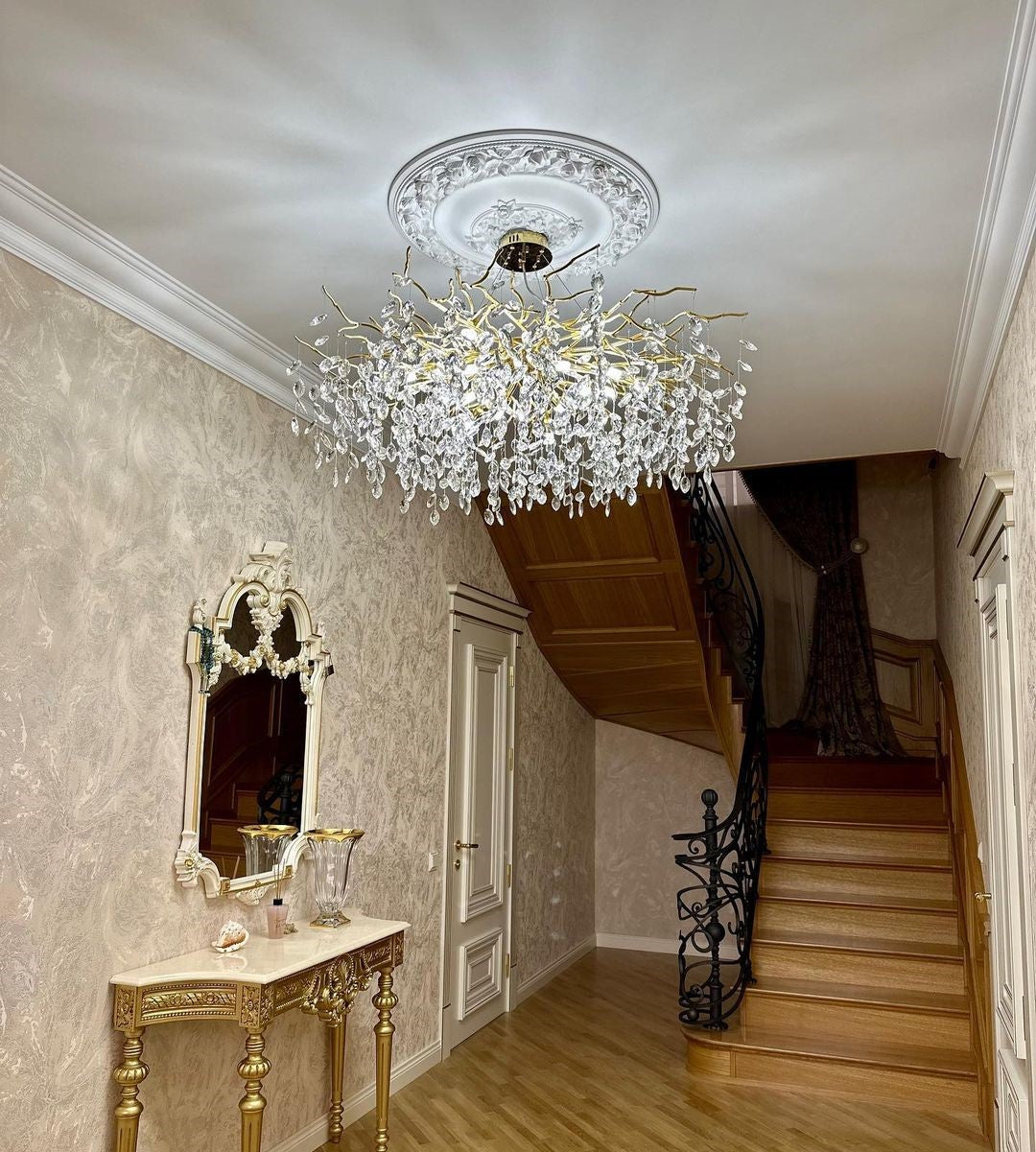 Crystal Branch Chandelier with LED Lights for Dining Room & Living Space | Modern Hanging Fixture | Adjustable Chain | Round or Rectangular