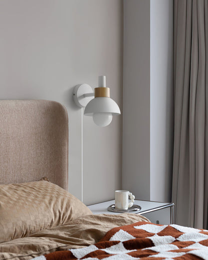 Plug-In Wall Sconce with Wood Accent 6×7 Inches E26 LED Fixture for Bedroom Hallway Living Room Indoor Decorative Lighting Compact Modern Wa