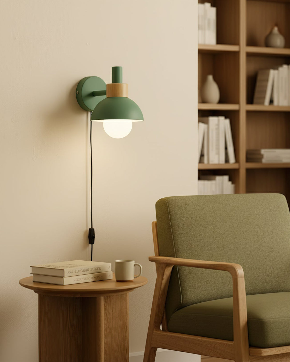 Plug-In Wall Sconce with Wood Accent 6×7 Inches E26 LED Fixture for Bedroom Hallway Living Room Indoor Decorative Lighting Compact Modern Wa