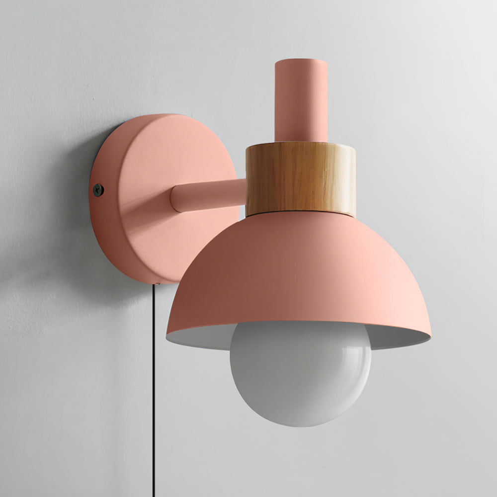 Plug-In Wall Sconce with Wood Accent 6×7 Inches E26 LED Fixture for Bedroom Hallway Living Room Indoor Decorative Lighting Compact Modern Wa
