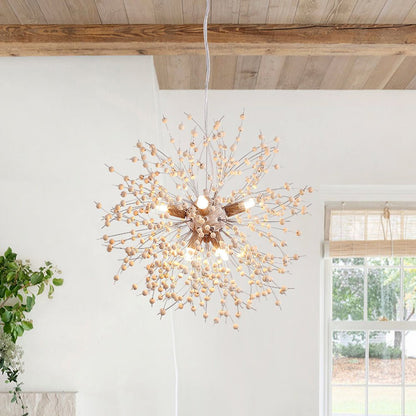 Dandelion Burst Pendant Light with Wooden Beads | Starburst Chandelier for Dining Room & Living Room | Adjustable Height Ceiling Light