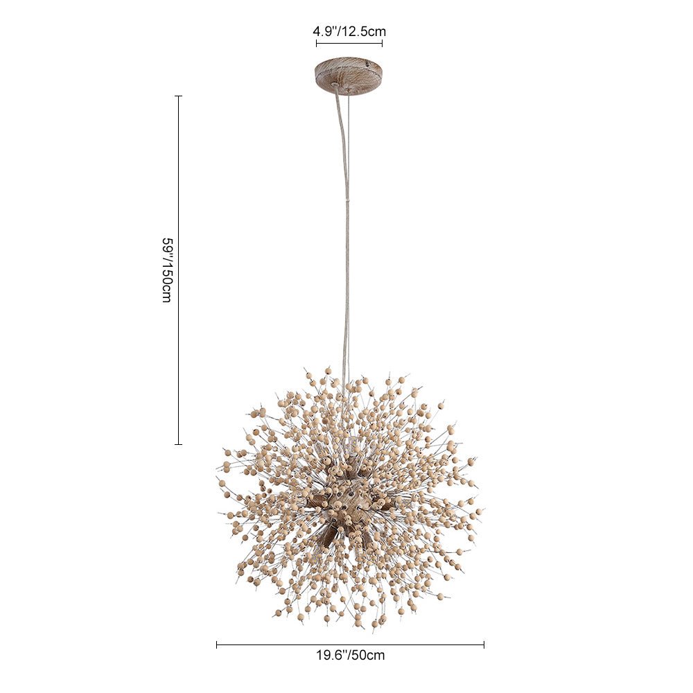 Dandelion Burst Pendant Light with Wooden Beads | Starburst Chandelier for Dining Room & Living Room | Adjustable Height Ceiling Light