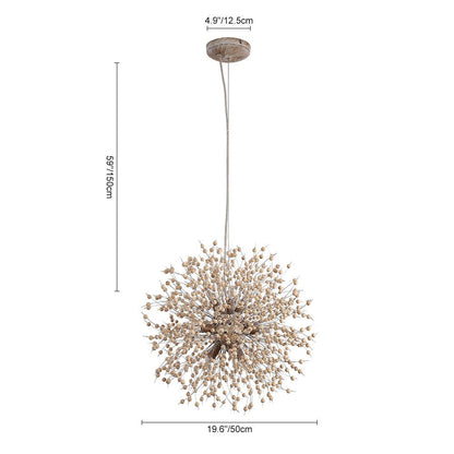 Dandelion Burst Pendant Light with Wooden Beads | Starburst Chandelier for Dining Room & Living Room | Adjustable Height Ceiling Light