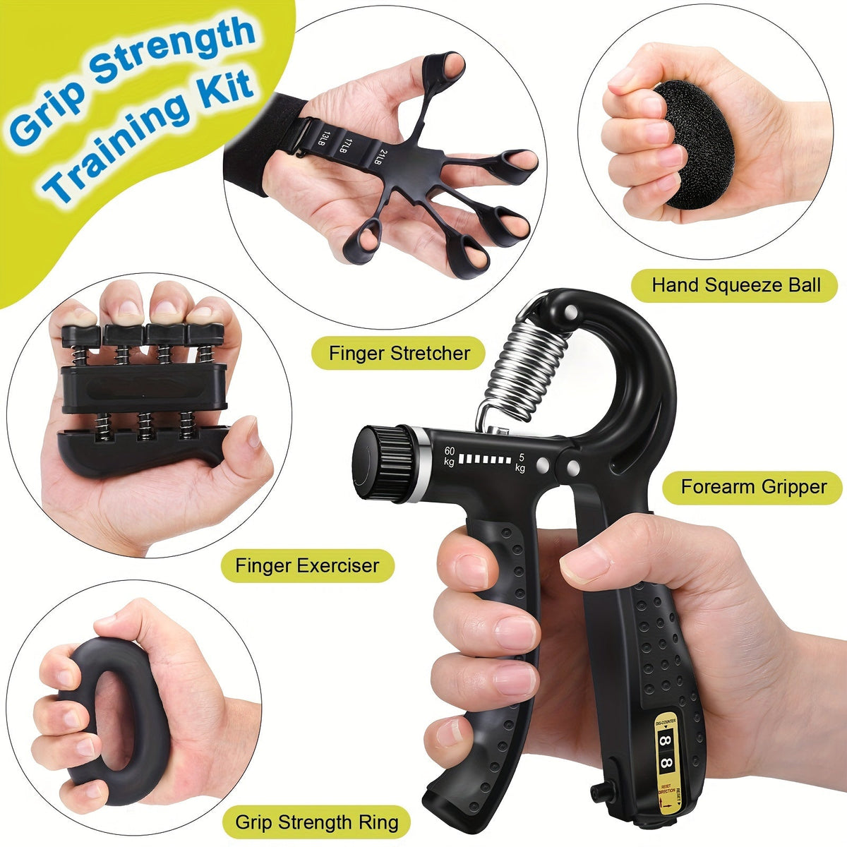 Hand Strengthener Grip Trainer Kit with Finger Exerciser, Resistance Ball & Forearm Ring for Rehabilitation & Muscle Building