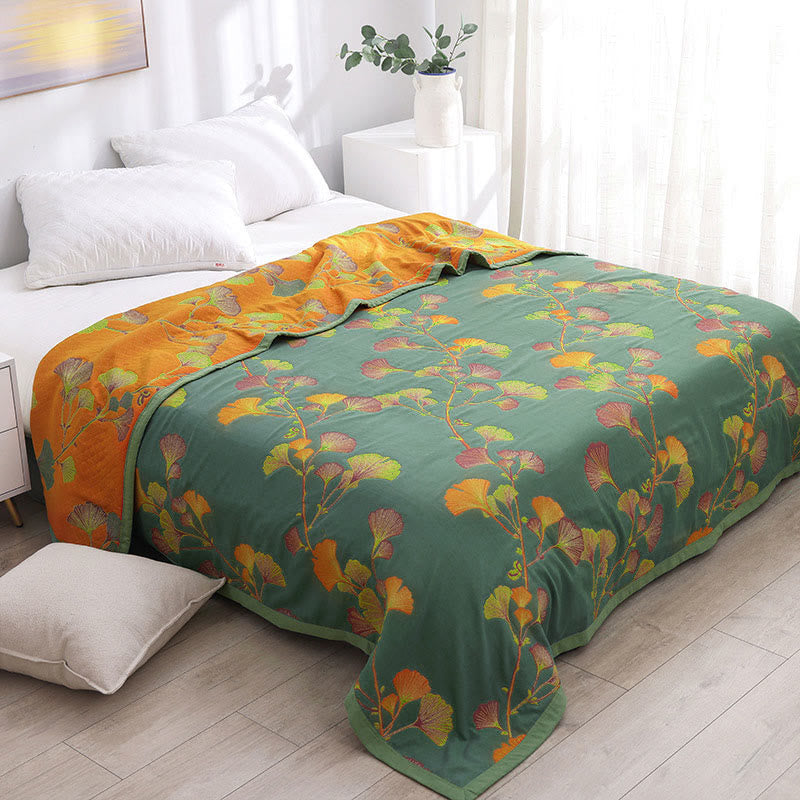 Reversible Cotton Throw Blanket with Ginkgo Leaf Pattern – Lightweight Summer Quilt for Bed, Sofa & Travel