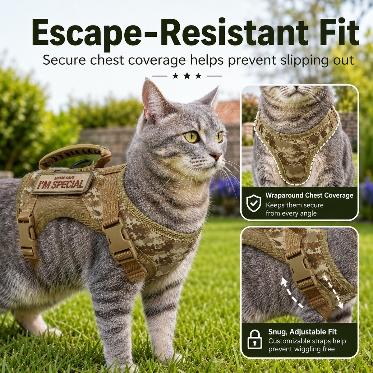 Ortekor Tactical Cat Harness with Leash for Outdoor Walks, Adjustable Escape-Resistant Vest for Cats